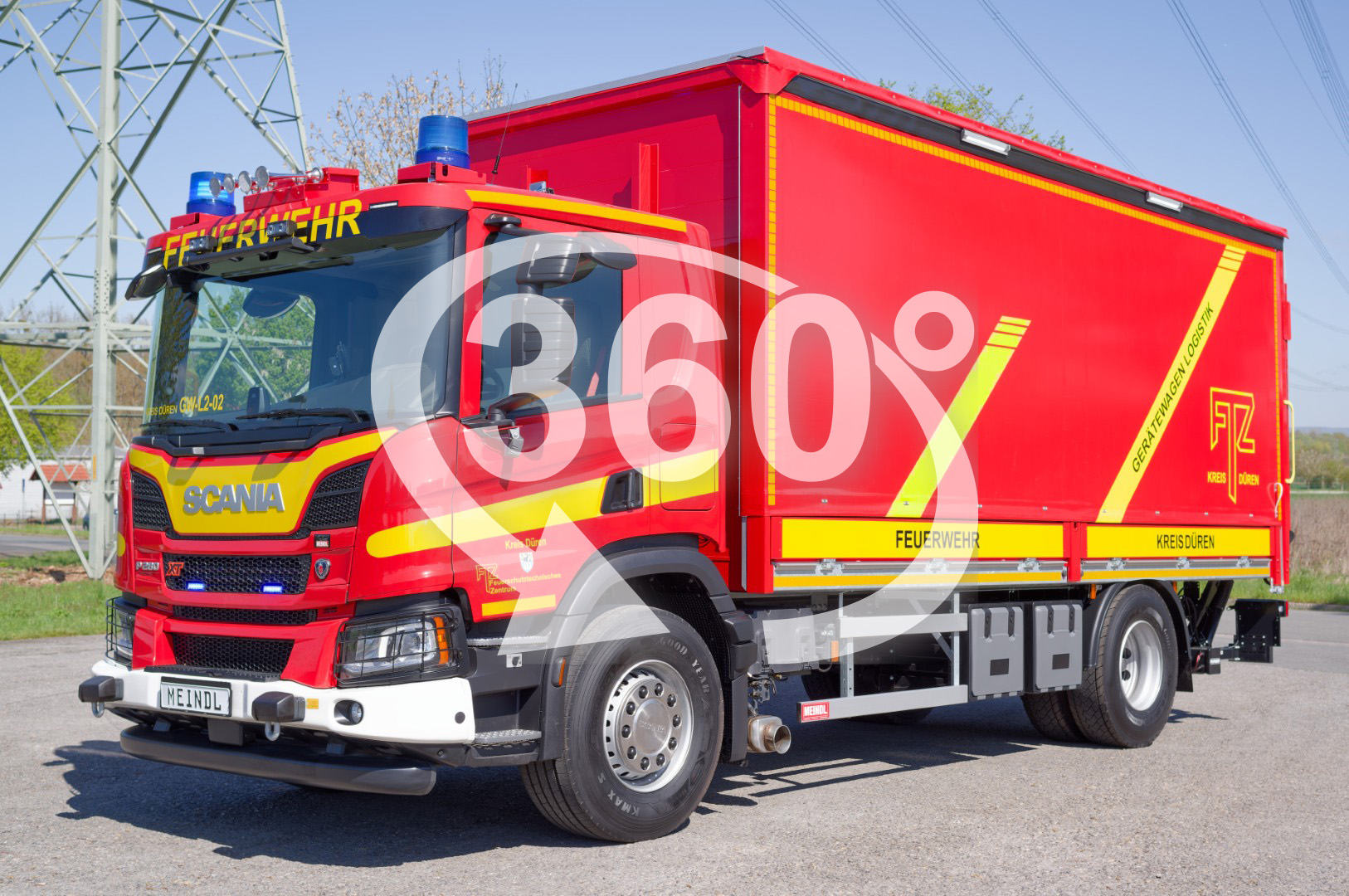 MEINDL GW-L Gerätewagen Feuerwehr Düren FTZ Scania Pritschenaufbau mit Schiebeplane, Ladebordwand Hänsch NOVA-LED