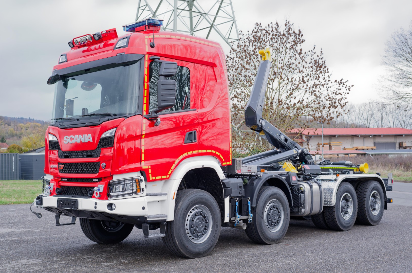 SCANIA Feuerwehrfahrzeug LKW Wechsellader WLF 32/6900, Feuerwehr Warendorf Abrollkipper Meiller MEINDL Fahrzeugbau Hänsch DBS850 Rotzler TR030 Fire Treibmatic