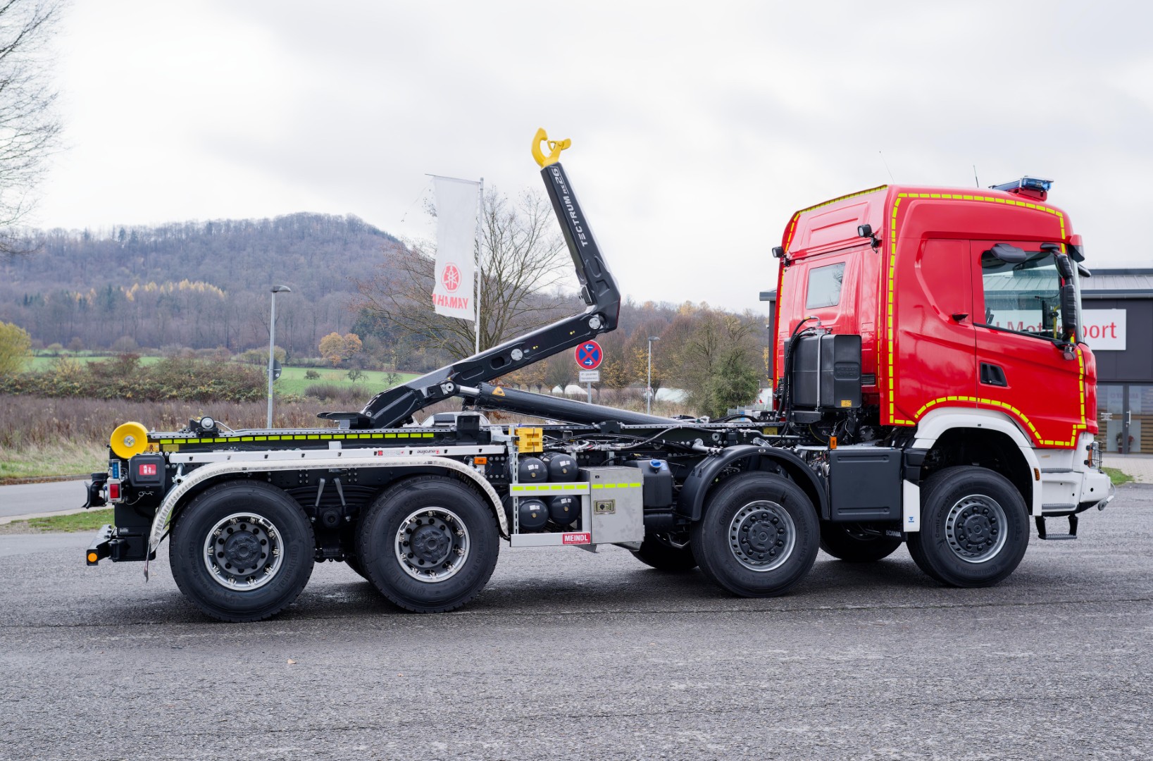 SCANIA Feuerwehrfahrzeug LKW Wechsellader WLF 32/6900, Feuerwehr Warendorf Abrollkipper Meiller MEINDL Fahrzeugbau Hänsch DBS850 Rotzler TR030 Fire Treibmatic